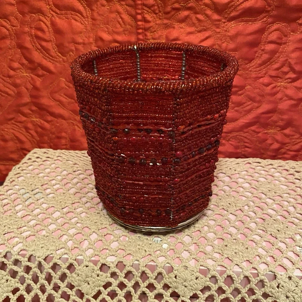 Pottery Barn Red Beaded Candle Holder 5.5